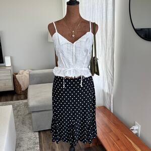 90s Vintage Susan Lawrence Polka Dot Midi Skirt Black White Flounce Hem Size S